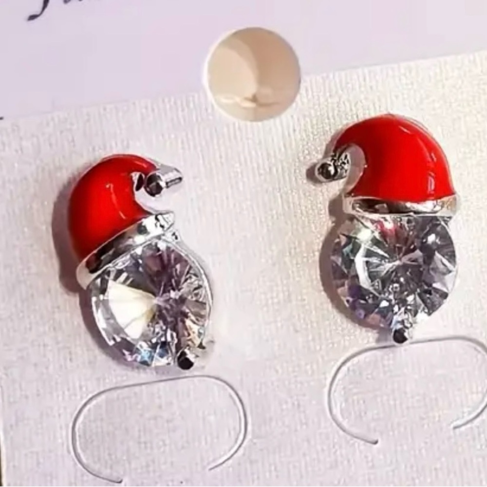 Crystal Santa Claus Stud Earrings Red Silver Tone Christmas Holiday - Picture 4 of 6
